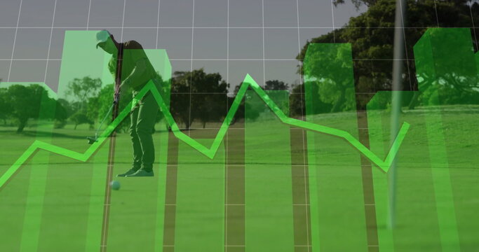 Lining up golfer bending over on putting green, with golf ball and data overlay, copy space