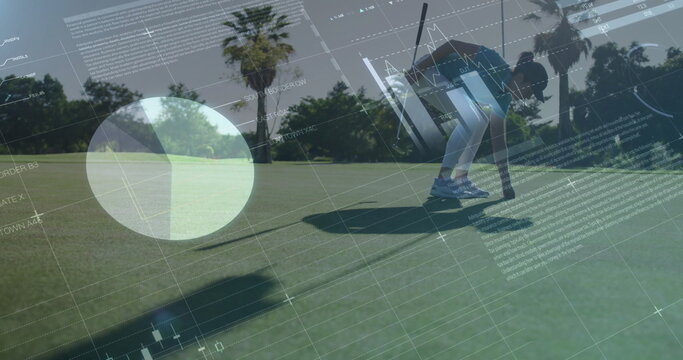 Bending woman in golf attire picking up golf ball on green, with chart overlay, copy space