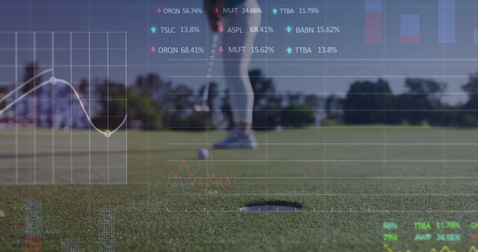 Lining up golfer in sportswear putting ball toward hole on green, with translucent financial charts - Powered by Adobe