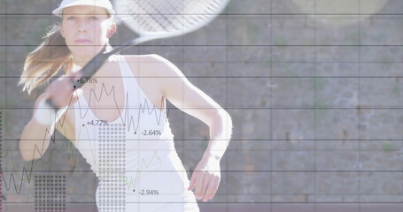 Tennis player swinging racket wearing athletic tank top and visor on court, with digital overlay