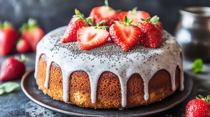 Delicious Strawberry Cake with Icing and Poppy Seeds on Plate