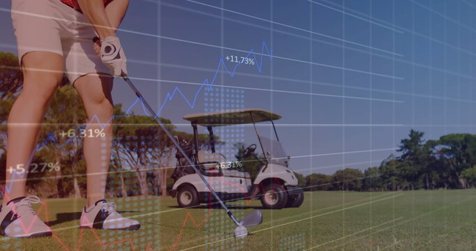 Gripping putter, amateur golfer aligning shot on fairway with digital chart overlay, copy space