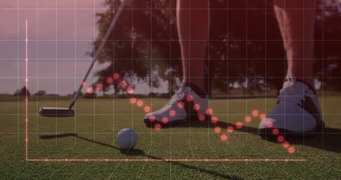 Golfer aligning putter on putting green, tracking golf ball via red graph and grid overlay - Powered by Adobe