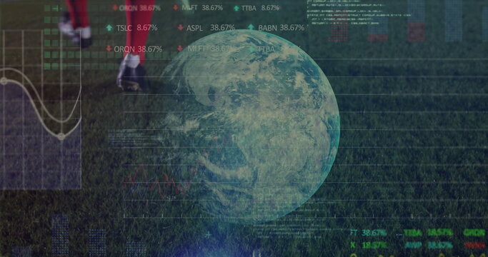 Digital Earth globe and data overlays hovering over soccer field, with player wearing red uniform