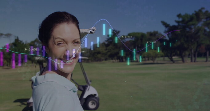Smiling golfer holding golf club on fairway, with golf cart, financial data overlays, copy space