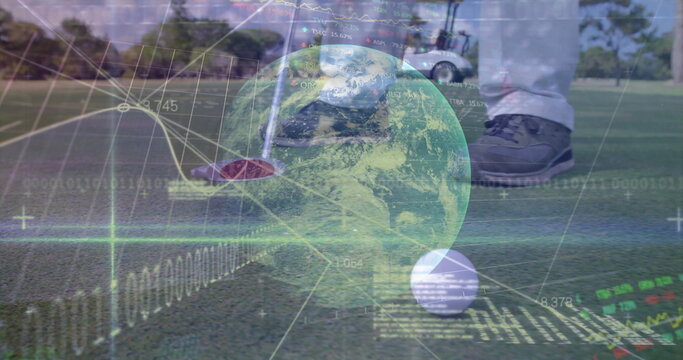 Showing golfer legs standing on putting green, with golf ball, putter head and digital overlays