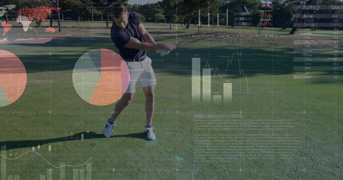 Backswinging golfer in navy polo and shorts lifting club over ball on fairway, with data visuals - Powered by Adobe