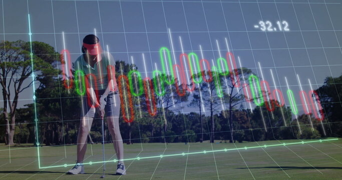 Aligning golfer in polo shirt preparing putt on putting green, with putter ball and 3D overlay - Powered by Adobe