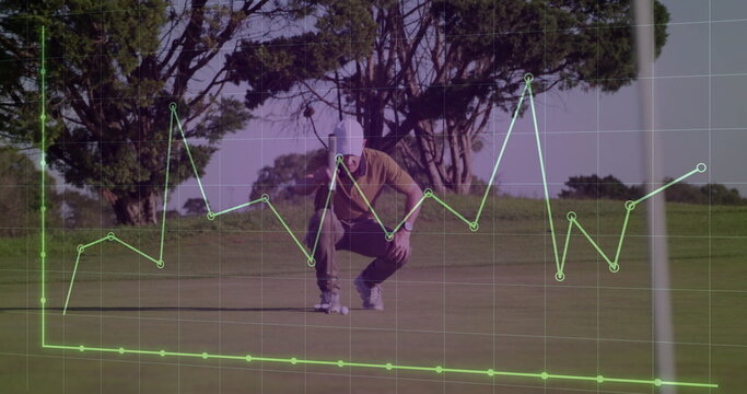 Crouching golfer in golf attire lining up putt on green, with putter and translucent line graph
