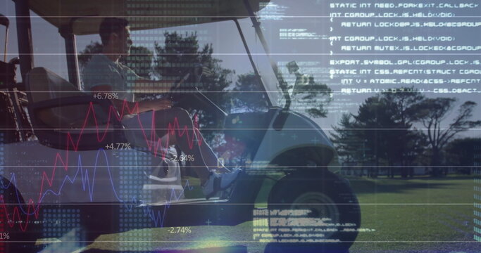 Driving man wearing polo shirt navigating golf cart on golf course fairway, with data chart overlay