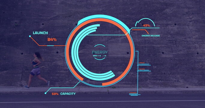 Female runner in sports bra, shorts jogging along road curb, with gauge overlay, copy space - Powered by Adobe
