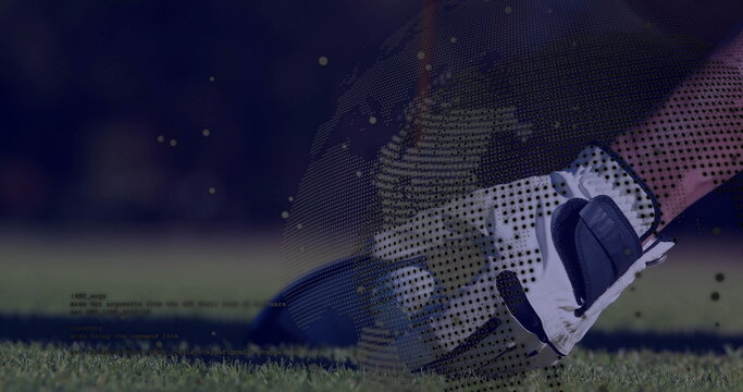 Placing white and black glove holding white golf ball on fairway, with digital globe, code overlays