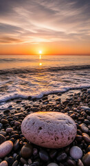 Smooth rounded stone resting on a pebble beach at sunset with gentle waves washing ashore isolated on transparent background