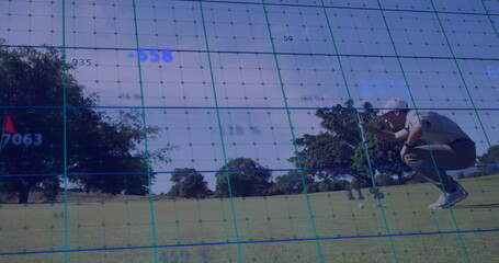 Aligning golfer lining putter behind ball on putting green, with digital grid overlay, copy space