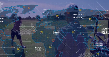 Holding club across chest male golfer practicing on practice range, golf balls and data overlay