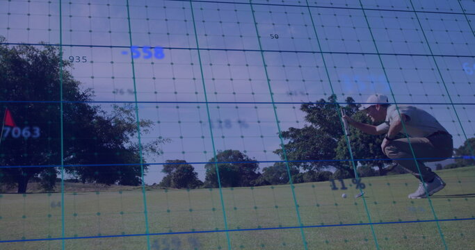 Aligning golfer lining putter behind ball on putting green, with digital grid overlay, copy space - Powered by Adobe