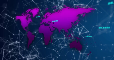 Displaying magenta world map linking network nodes in digital interface space with numeric data