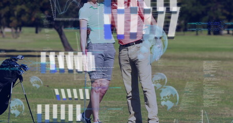 Standing couple wearing golf attire analyzing data overlay on golf fairway, with golf bag and clubs