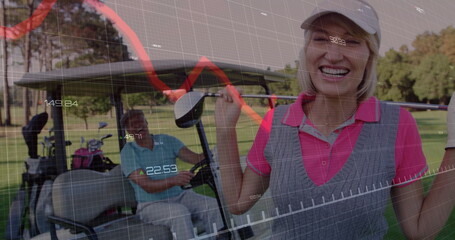 Smiling golfer holding club on fairway wearing pink polo, with golf cart, golf bag, copy space