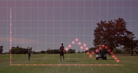 Swinging golfer hitting golf ball on course fairway, with golf cart and data overlay, copy space