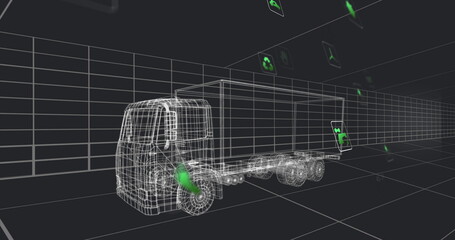 Showing wireframe semi-truck model driving over dark grey grid, featuring floating green eco icons