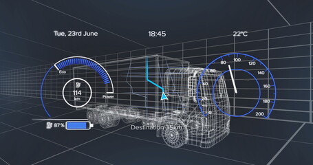 Simulating wireframe semi truck following navigation route in 3D grid space, with eco or power gauge