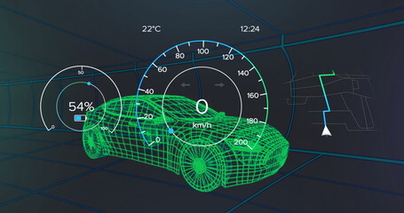 Floating green wireframe car inside grid tunnel, with cluster gauges, clock and map overlays
