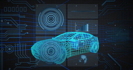 Displaying neon blue wireframe car model on grid with circuit lines, radar, bar chart, globe icon
