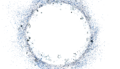 Sparkling blue glitter stars forming a circle frame on white background. Perfect for holidays, celebrations, and festive designs.