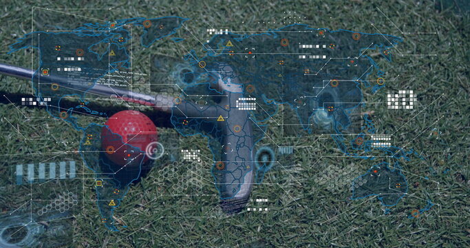 Resting metallic putter head and red golf ball showing digital HUD overlays on golf green
