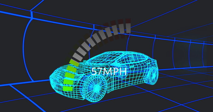 Displaying wireframe car model moving through grid tunnel, with semi-circular gauge reading 57 MPH