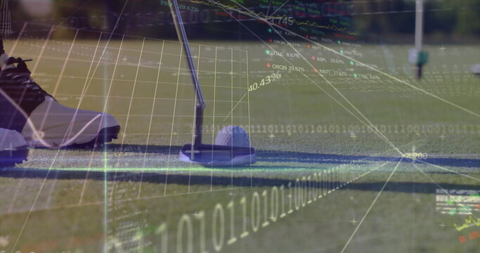 Aligning golf putter head over ball at putting green, with spiked shoe and digital data overlays