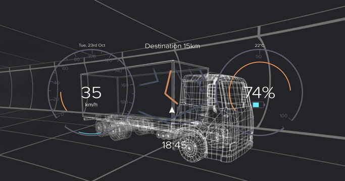 Driving wireframe semi-truck attached trailer through virtual tunnel grid, with HUD elements - Powered by Adobe