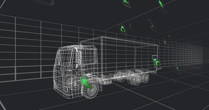 Fototapeta Showing wireframe semi-truck model driving over dark grey grid, featuring floating green eco icons