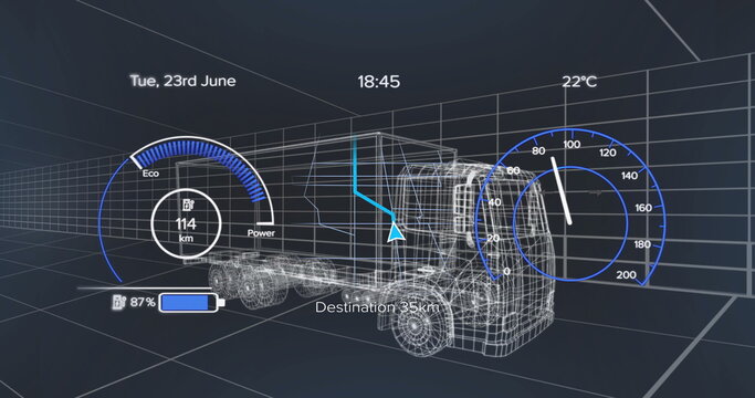 Simulating wireframe semi truck following navigation route in 3D grid space, with eco or power gauge