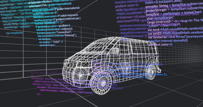 Displaying wireframe 3D van model floating over dark gray grid plane, with colored code panels