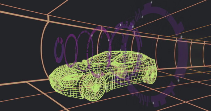 Presenting neon wireframe car model floating in orange grid tunnel, with purple rings and gears