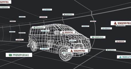 Hovering wireframe SUV model spinning in virtual 3D tunnel, with phone, user, thumbs-up data labels