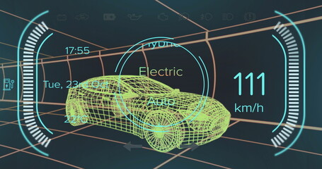 Displaying wireframe car model moving through grid tunnel, showing speed and Electric Auto mode