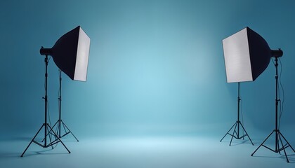 Studio setup with two softbox lights on tripods against blue background. Pro photographic equipment ready for shoot. Soft, diffused lighting creates even illuminated space for product photography.
