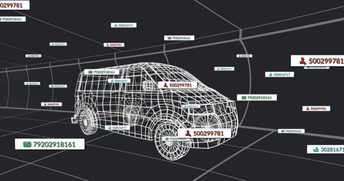 Hovering wireframe SUV model spinning in virtual 3D tunnel, with phone, user, thumbs-up data labels