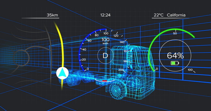 Displaying wireframe truck moving in virtual grid tunnel, with speedometer and battery level gauge - Powered by Adobe