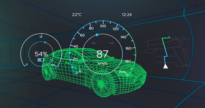Showing wireframe sports car model within virtual grid space, with speedometer, navigation map