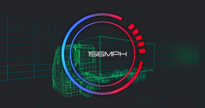 Rendering wireframe semi-trailer truck inside virtual teal grid tunnel, showing 156MPH speedometer