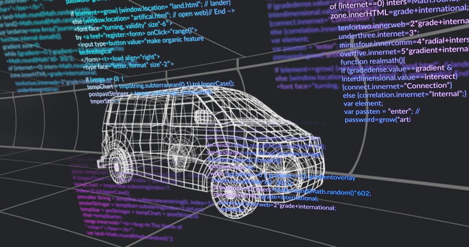 Rendering wireframe van model on virtual 3D grid plane, with overlaid programming code snippets - Powered by Adobe