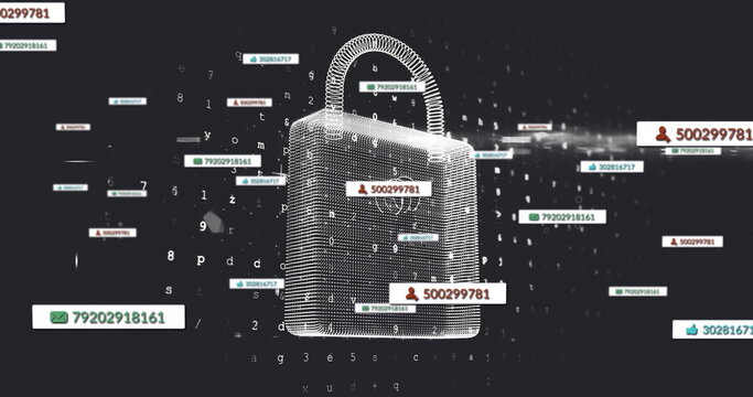 Central wireframe padlock spinning in digital space, with info cards and alphanumeric characters