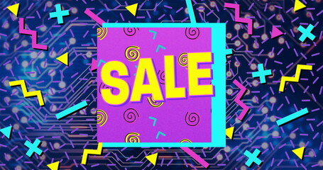 Displaying purple panel featuring bold yellow SALE text in digital graphic layout, with neon shapes