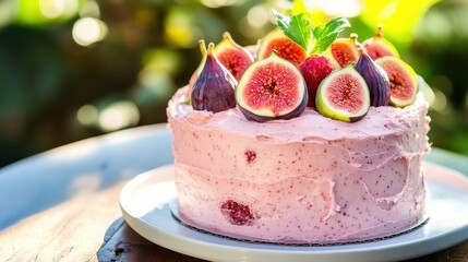 Delicious Pink Cake with Fresh Figs and Raspberries on a Plate