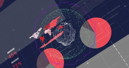 Dashboard showing 3D wireframe globe in system GUI, with red circles, map fragments, copy space