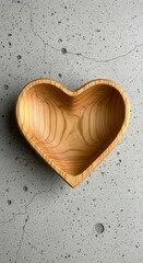 Rustic wooden heart shaped bowl with natural grain texture isolated on transparent background